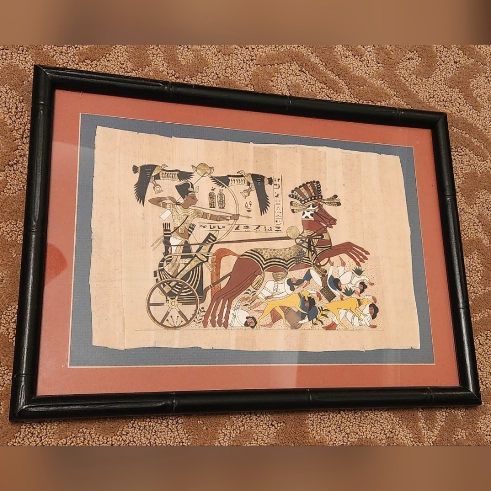 Rare framed Egyptian painted artwork on papyrus